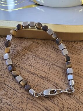 Tiger Eye and Silver Cube Beaded Bracelet